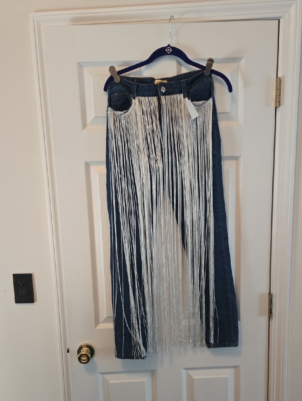 Dark Blue Skinny Jeans with Long Silver Fringe